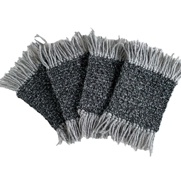 Mug Rugs Coasters Handmade Crochet Gray Variegated Fringe Set of 4 - Picture 10 of 10